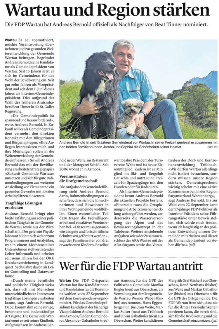 Wartau und Region stärken - FDP Wartau nominiert Andreas Bernold fürs Gemeindepräsidium