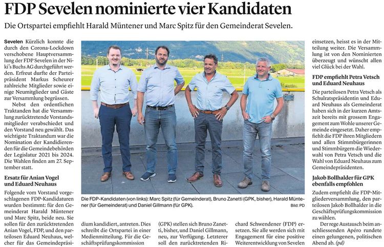 FDP Sevelen nominierte vier Kandidaten